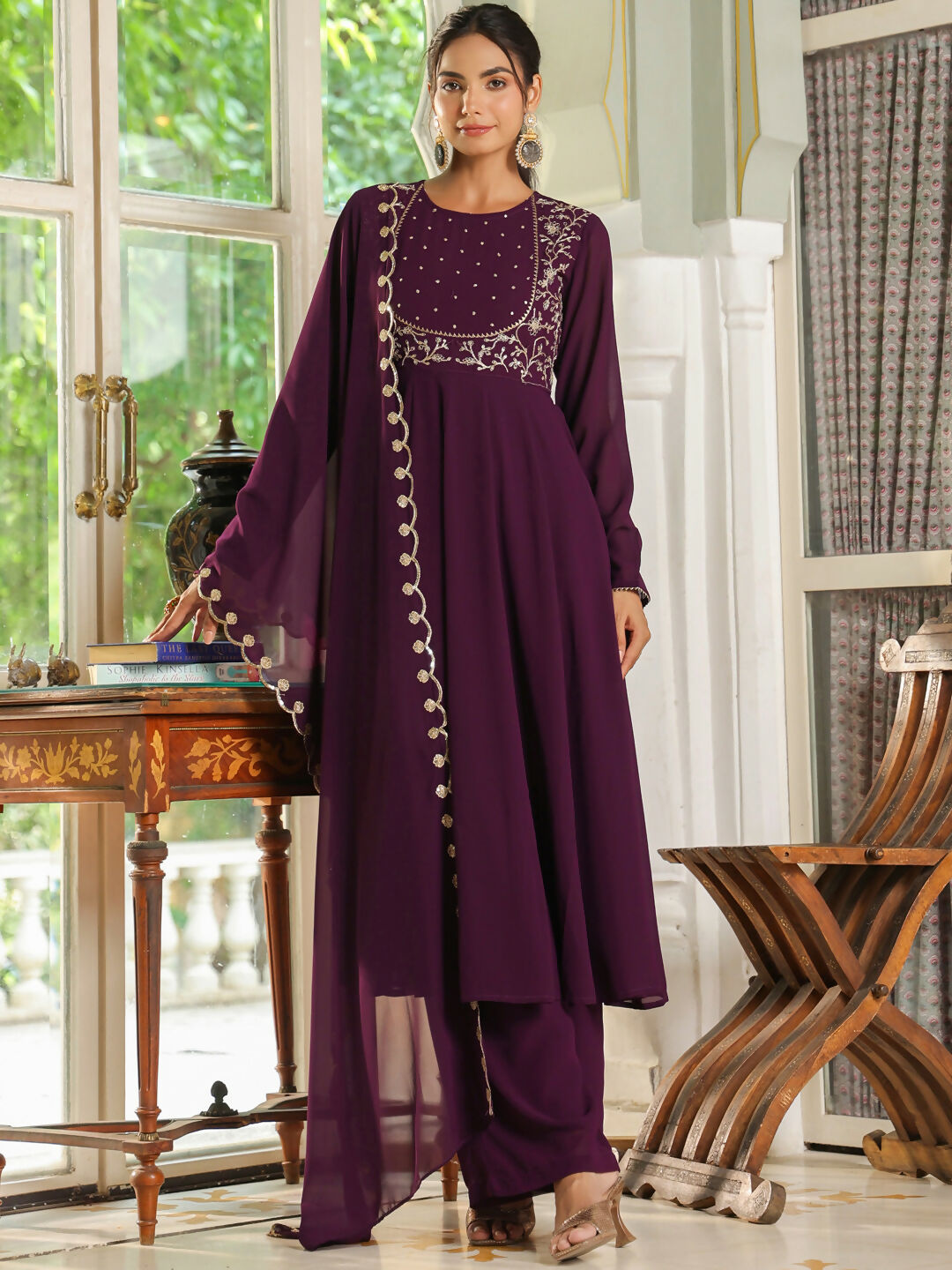 Janasya Purple Georgette Embroidered Kurta,Bottom & Dupatta 