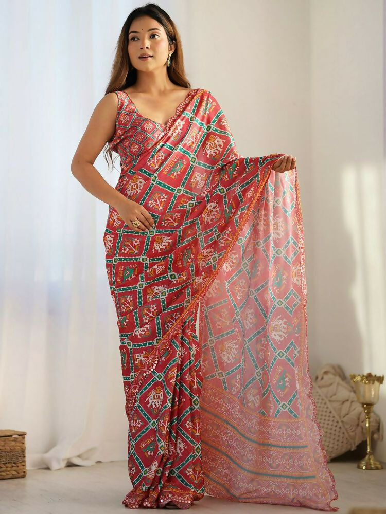PR Fashion Red Georgette Digital Print With Mirror Work Saree
