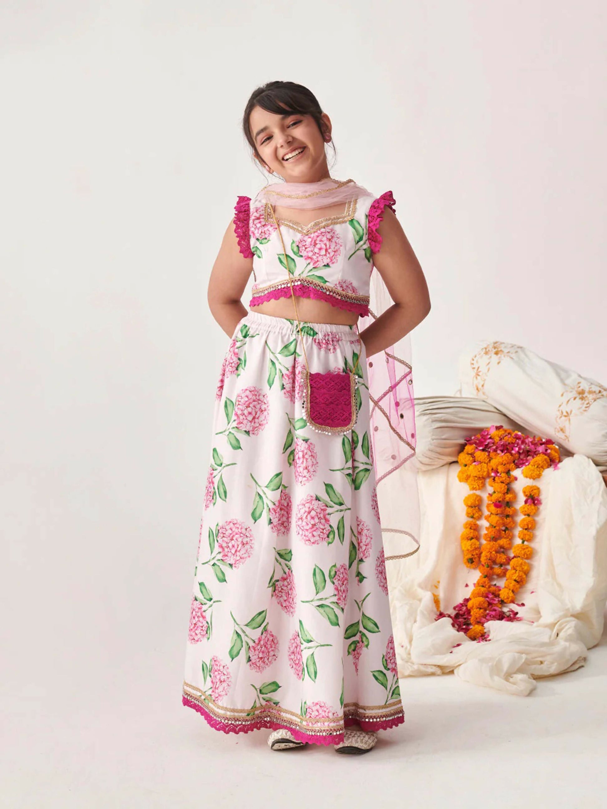 Joban Fashion Girl's Pink & White Color Lehenga Choli