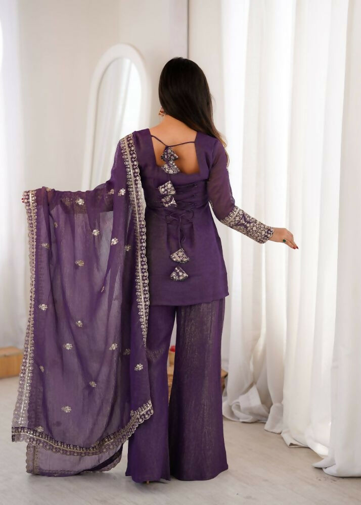 Teeya Creation Wine Purple Silk Sharara Suit With Embroidered Dupatta Set