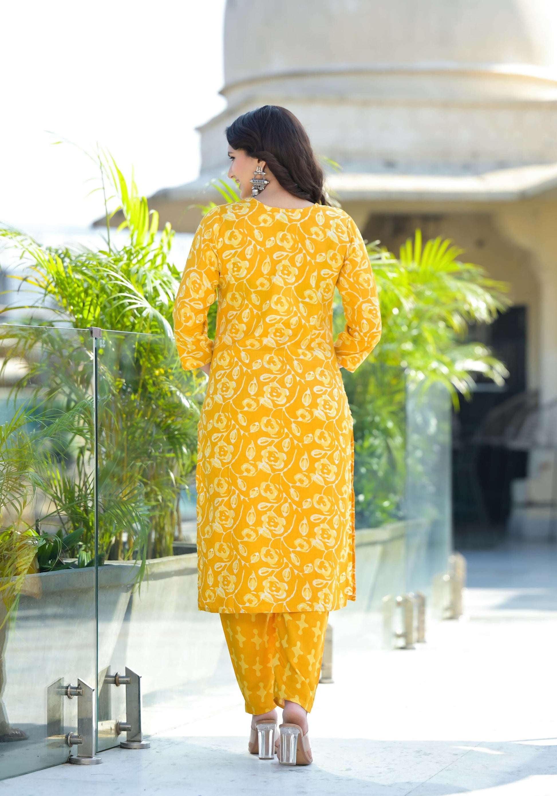Juniper Women's Mustard Floral Printed Cotton Kurta Set With Thread Work & Sequins