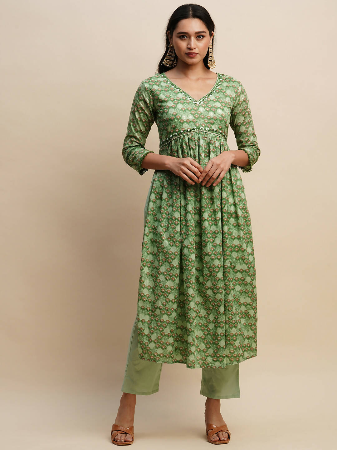 Green Pure Cotton Floral Printed Naira Cut Kurta And Bottom With Dupatta - Akashara