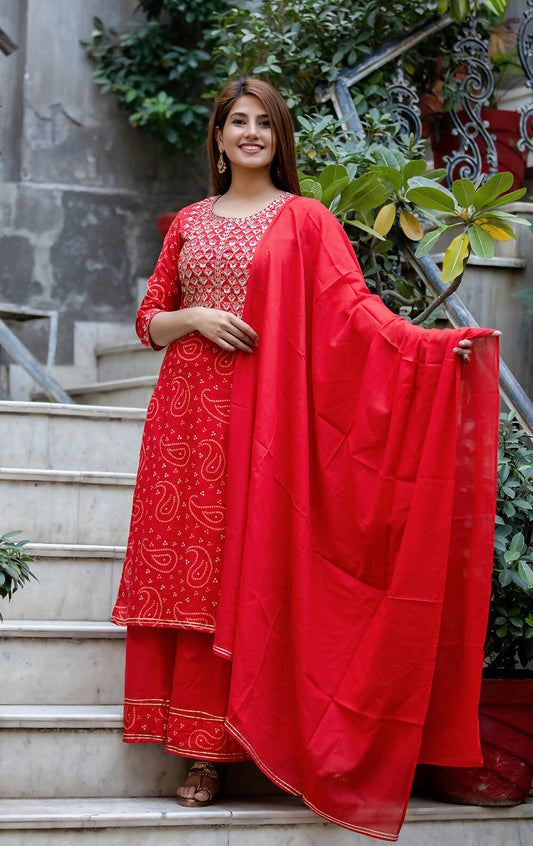 Kaajh Women's Red Bhandej Embroidered Kurta Sharara With Dupatta Set