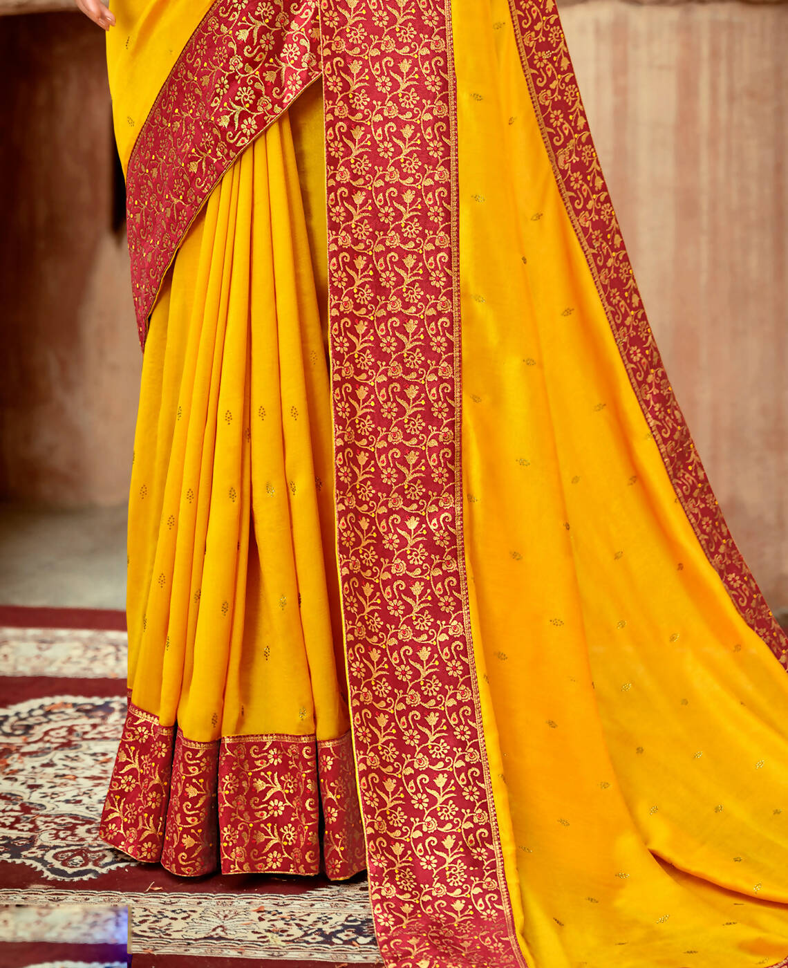 Mustard Vichitra Stone Work Saree With Unstitched Blouse Piece - Rosy