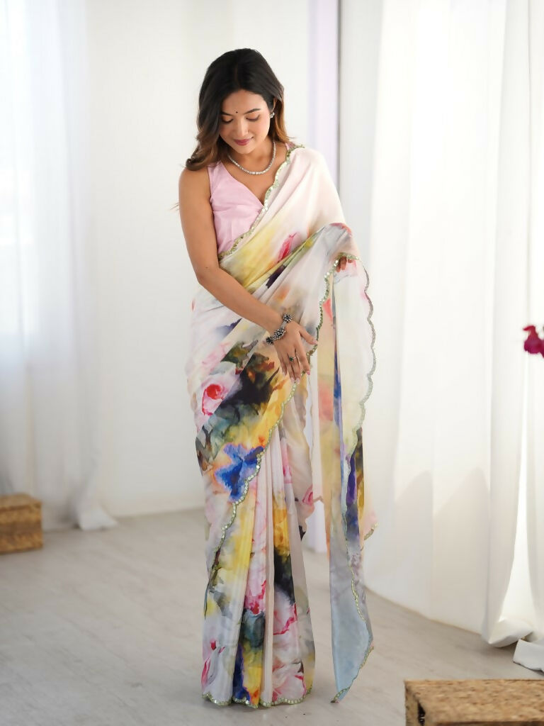 Multi Chinon Designer Digital Printed,Mirror Cut Work Saree - Elayna