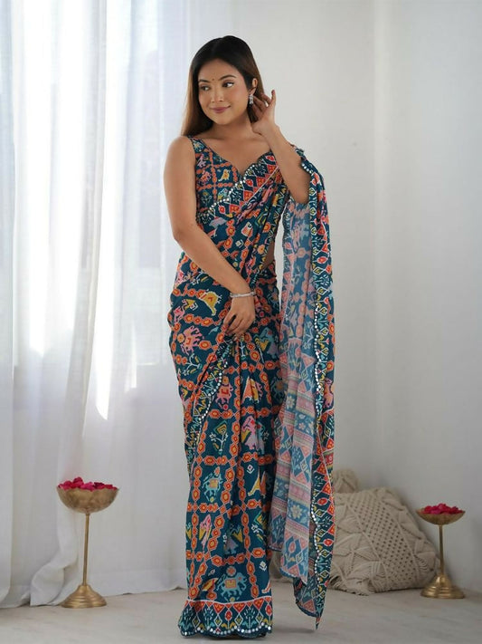 PR Fashion Dark Blue Georgette Digital Print With Mirror Work Saree