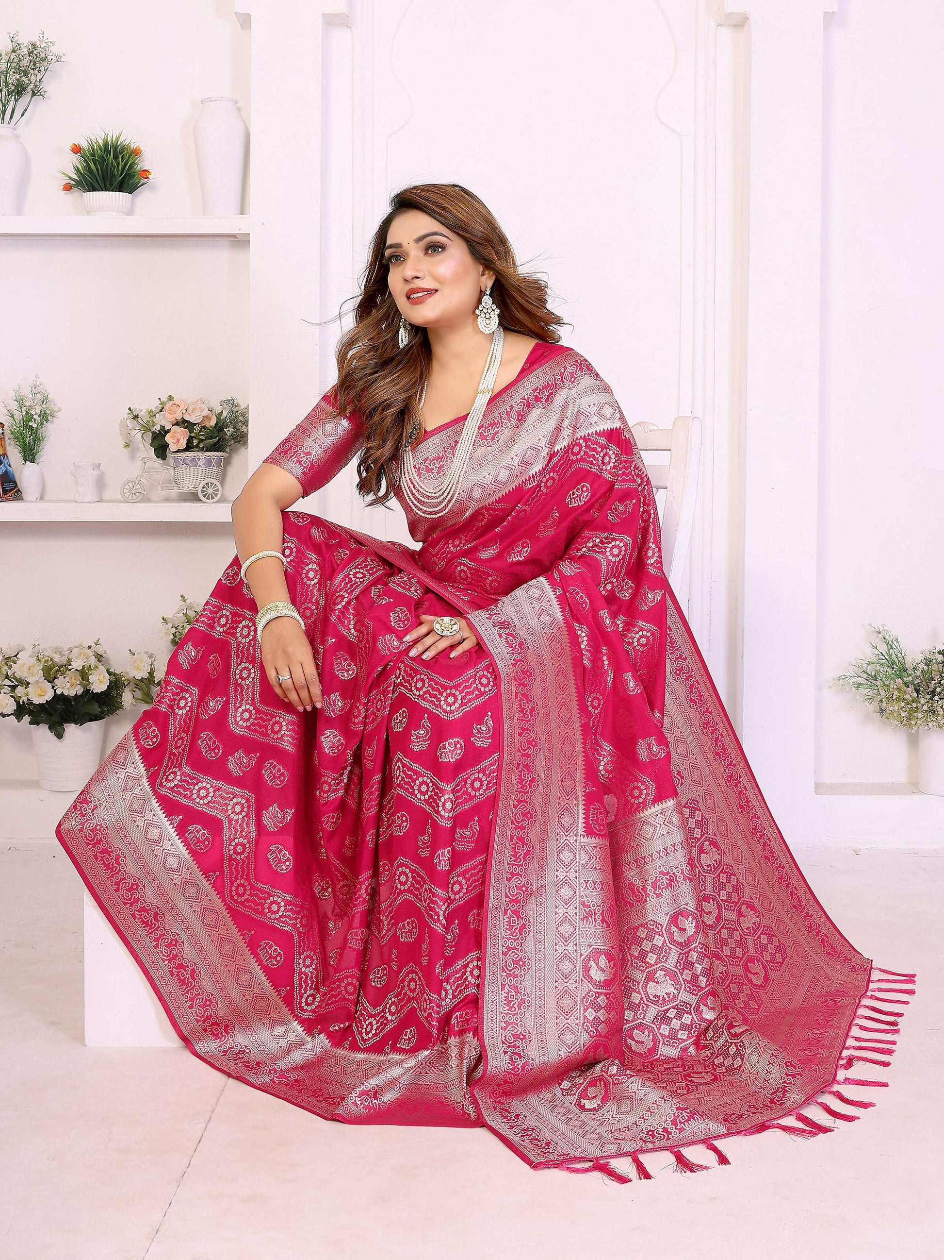 Aastha Fashion Magenta Georgette Silk Leheriya With Elegant Zari Weaving Saree