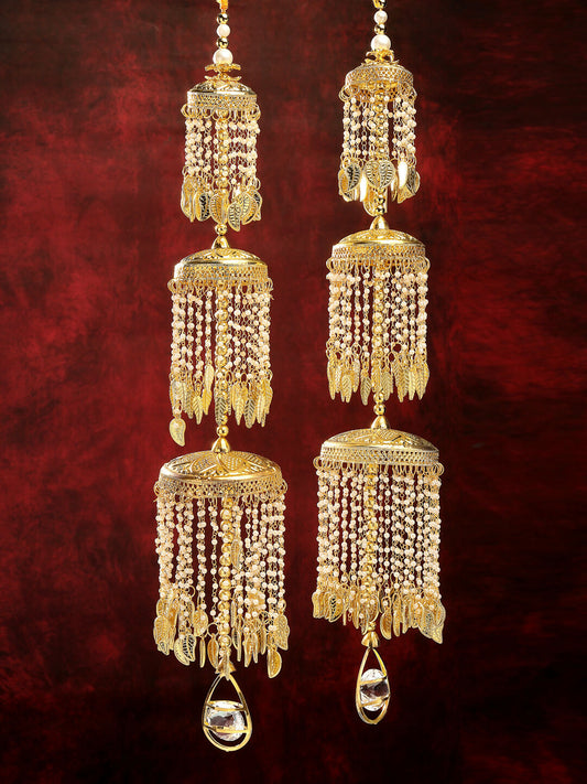 NVR Women's Pack Of 2 Gold-Polished & White Pearl Beaded Bridal Layered Heavy Kaleera Sets