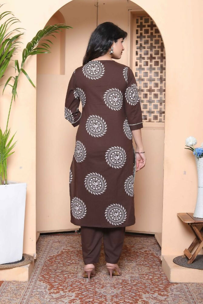 Miravan Womens Animal Print Cotton Brown Stitched Kurta Palazzo With Dupatta Set
