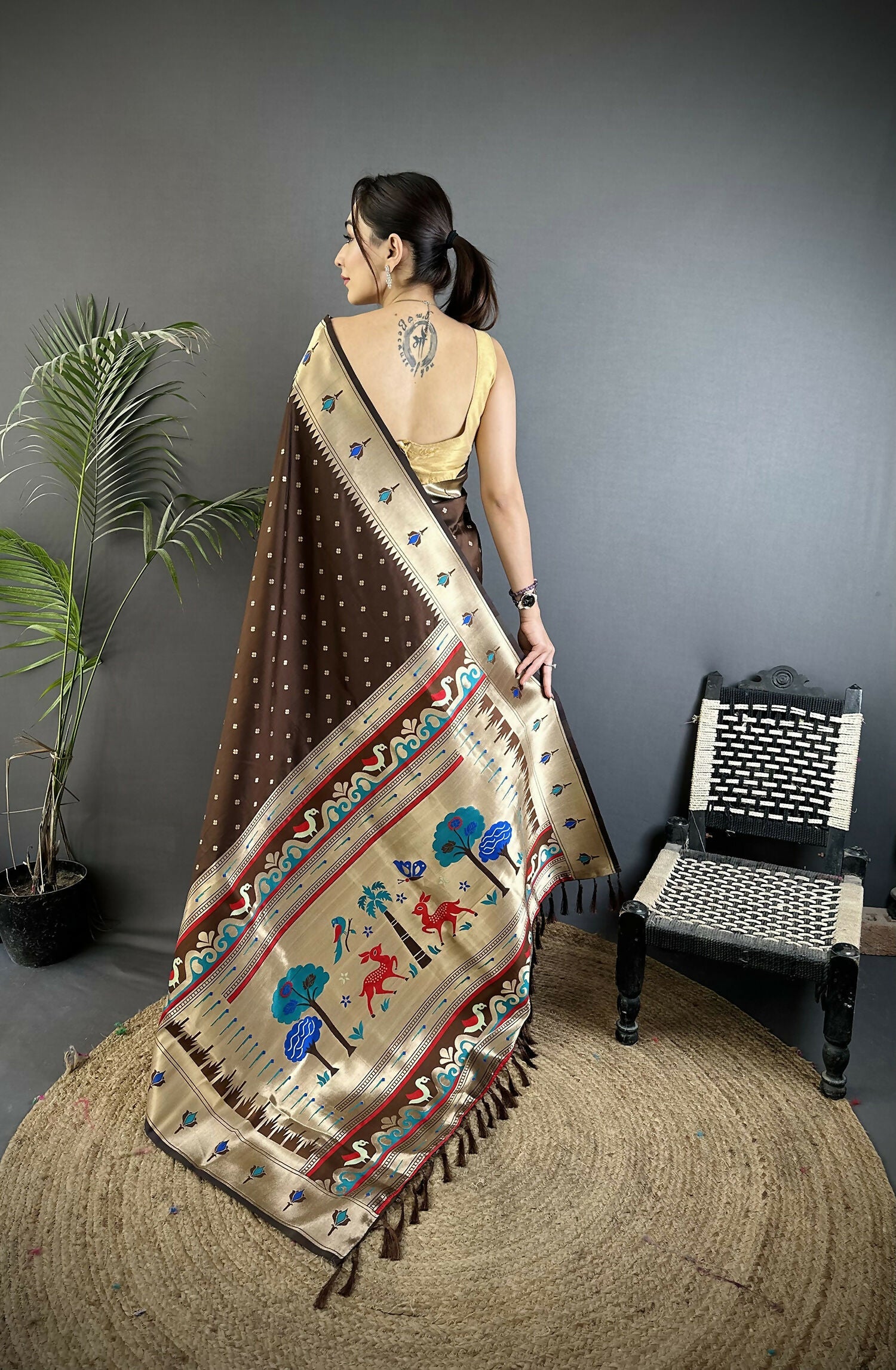Joban Fashion Brown Peacock & Floral Motifs Soft Lichi Silk Kanchipuram Saree
