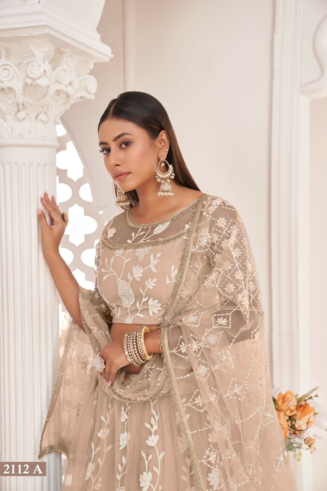 Eilara Women'S Dusty Chiqu Butterfly Net White Cotton Thread And Zari Sequence Embroidered Work Lehenga Choli For Party Wear