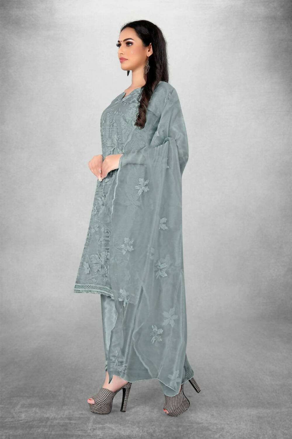Grey Heavy Organza Silk Embroidered Unstitched Dress Material - Amara