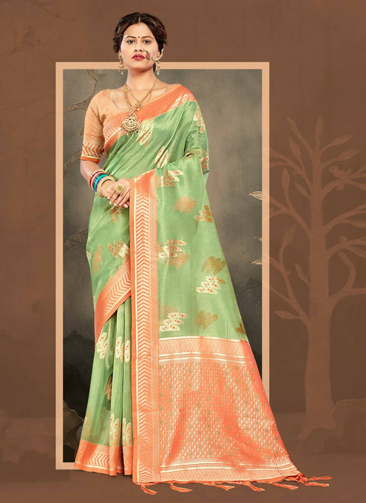 Sea Green Cotton Zari Woven Design Saree with Unstitched Blouse Piece - Aachal