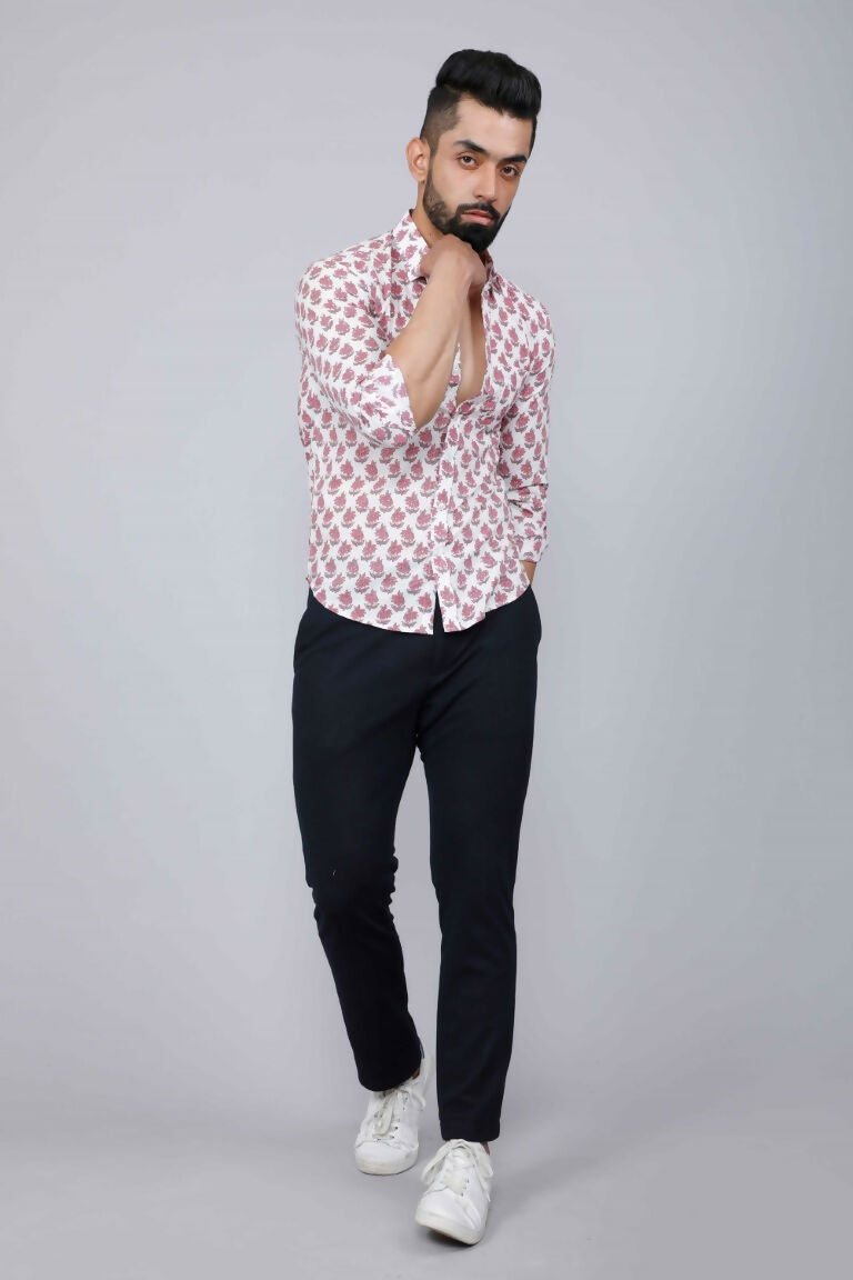Miravan Men's White & Pink Spread Collar Floral Print Shirt 