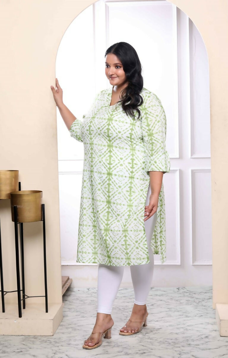 Miravan Women's Plus Size White And Green Tie Dye Cotton Kurti 