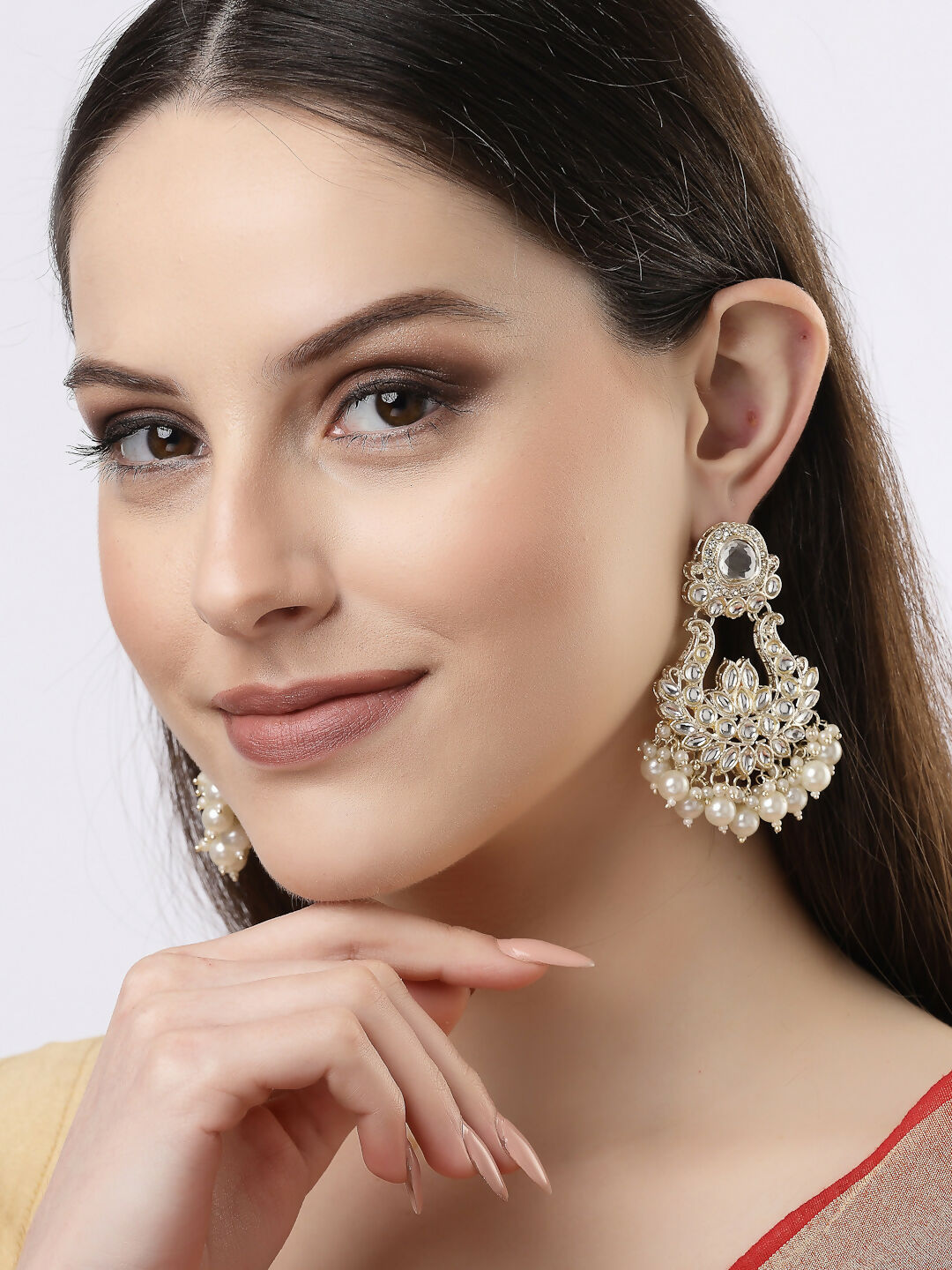 NVR Women Gold-Polished Kundan Chandbali Earrings 