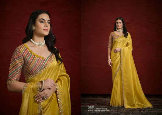Mustard Crush Paper Silk Sequence with Handwork Saree with Stitched Blouse - Mohmanthan Aaina
