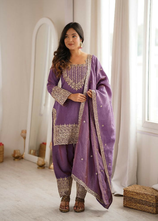 Teeya Creation Mauve Purple Afghani Salwar Suit Set With Elegant Zari Border