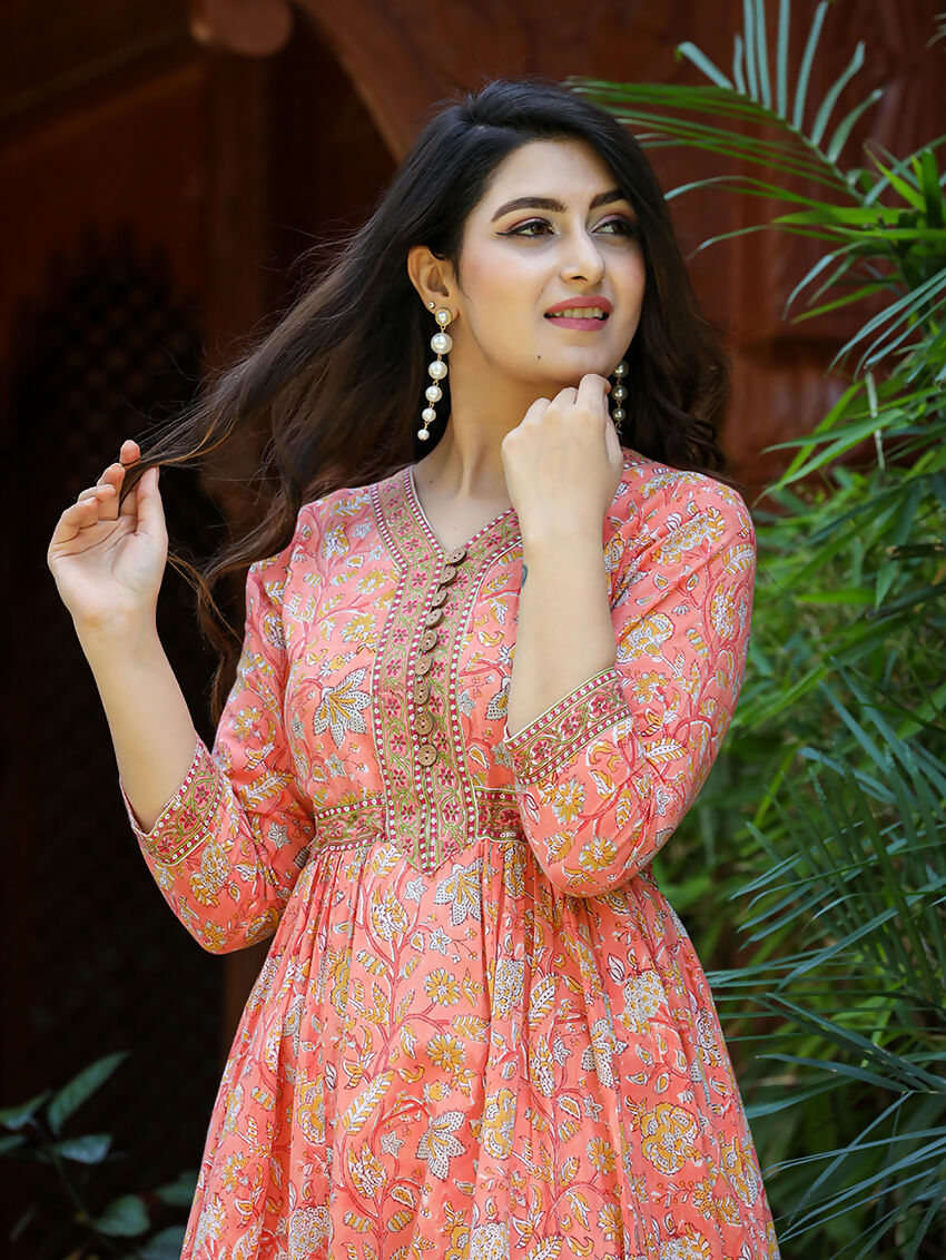 Kaajh Women's Light Orange Floral Handblock Printed Cotton Dress