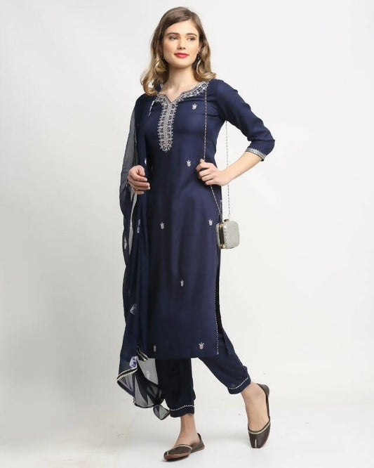 Aastha Fashion Women's Navy Blue Rayon Slub Jaipuri Printed Kurta with Trouser & Dupatta - Grab2buy