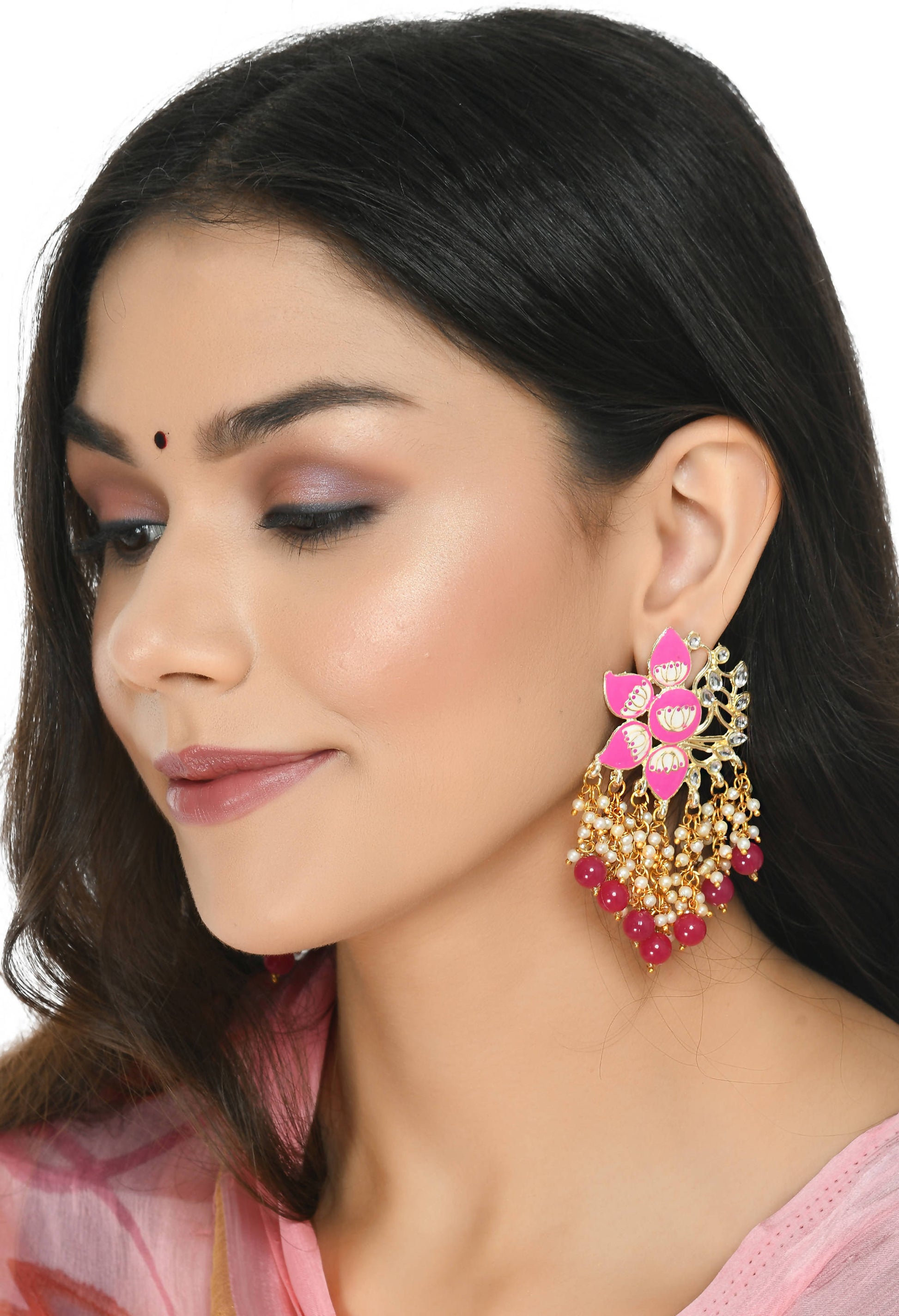 Mominos Fashion Johar Kamal Gold-Plated Kundan Pink Meenakari Earrings - Grab2buy