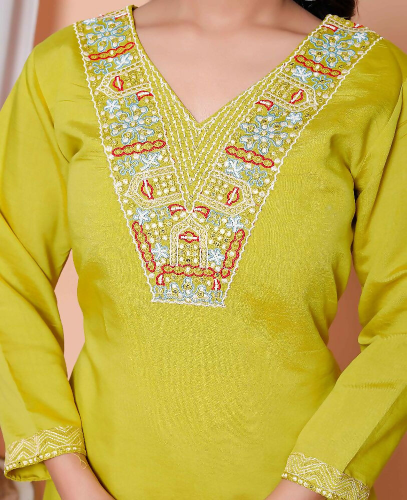 Miravan Womens Muslin Yellow Kurta And Palazzo With Dupatta Set