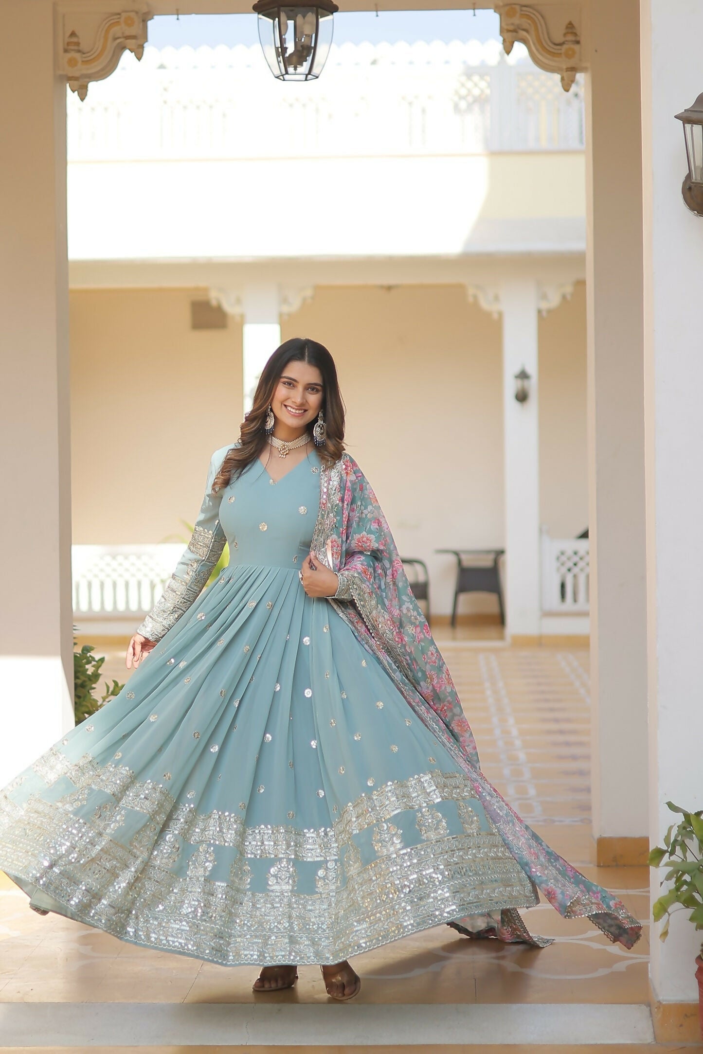 Joban Fashion Sky Blue Georgette Sequence Embroidery Work Kurta Set