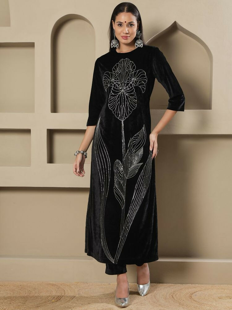 Joban Fashion Women Black Velvet Hand Embellishment Stitched Kurta Set