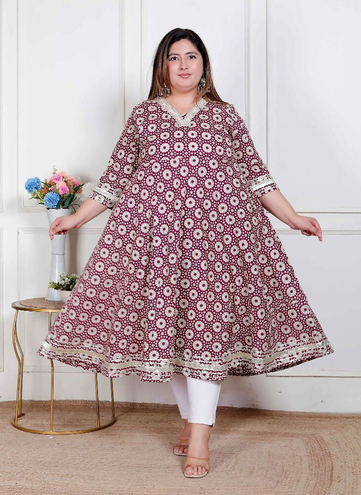 Miravan Plus Size Women'S Cream Embroidered Cotton Anarkali Kurta 