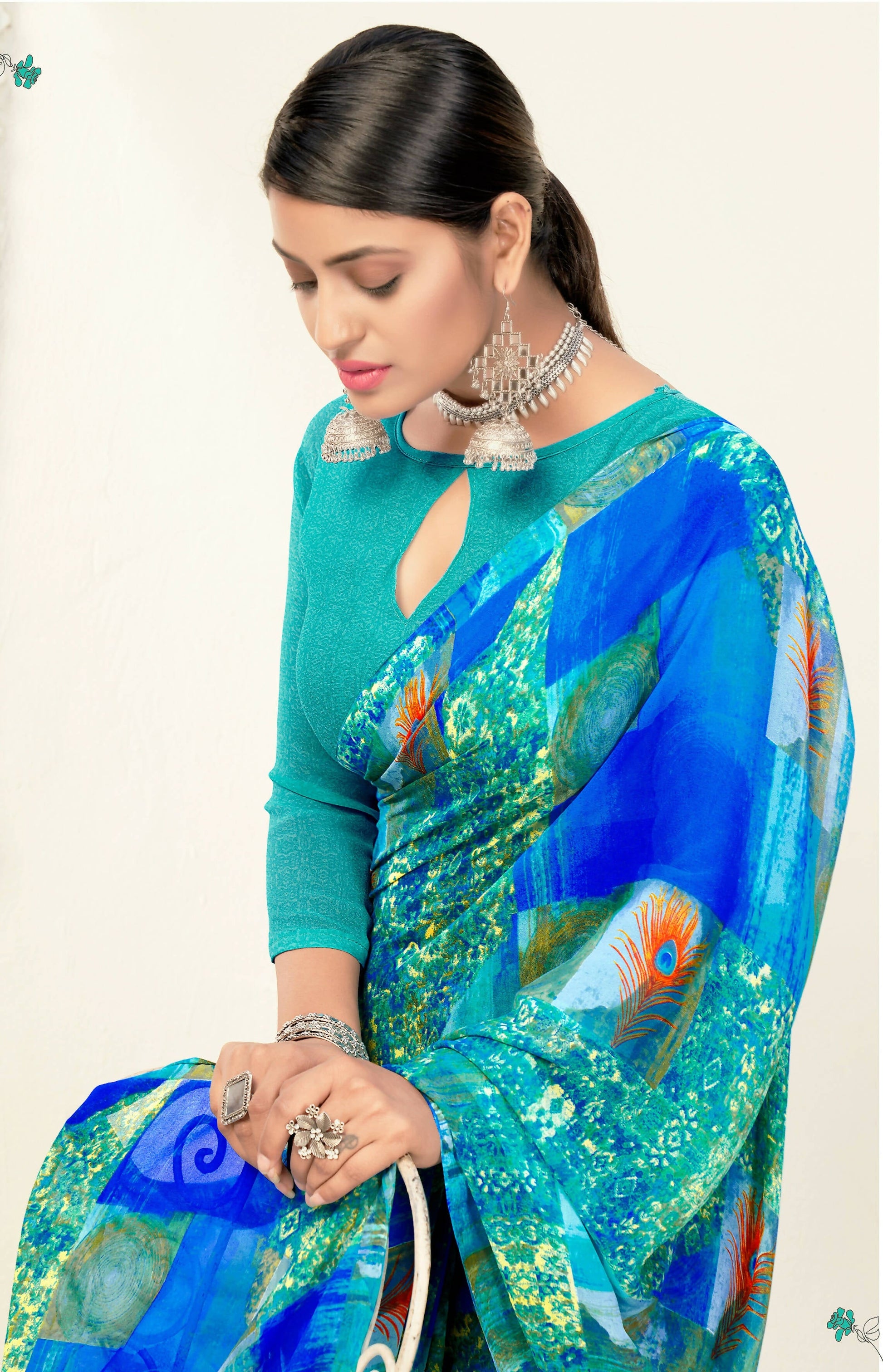 Blue Georgette Abstract Printed Saree With Unstitched Blouse Piece - Jyoti