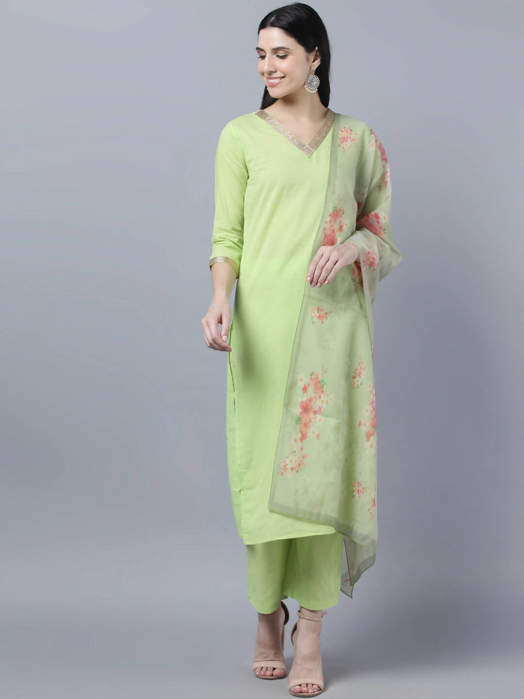 Myshka Women Green Regular Pure Cotton Kurta with Trousers With Dupatta Set