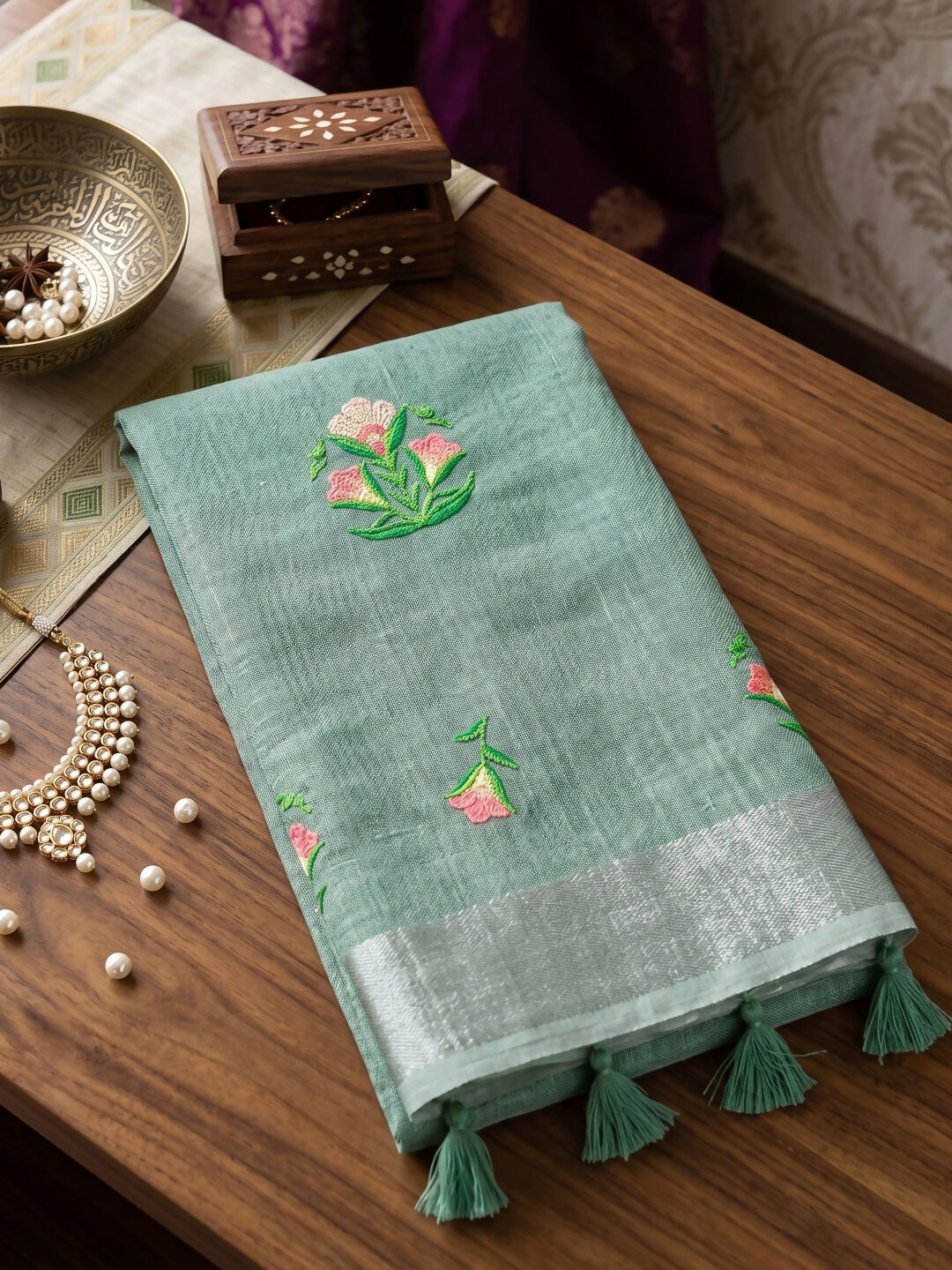 Shree Shyam Fashion Sea Green Linen Saree