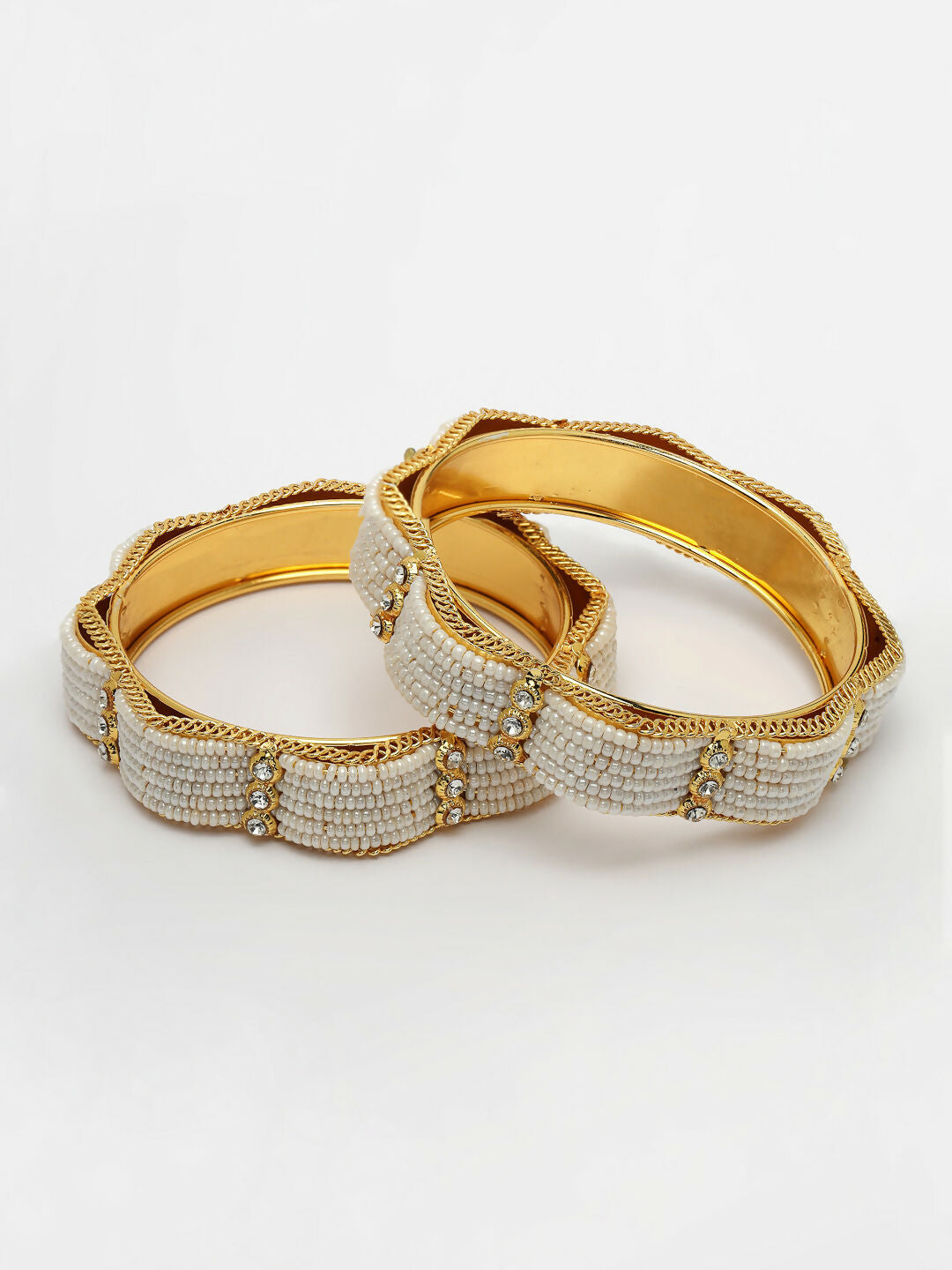 NVR Women's Set of 2 Gold-Polished Pearl Handcrafted Traditional Bangles 