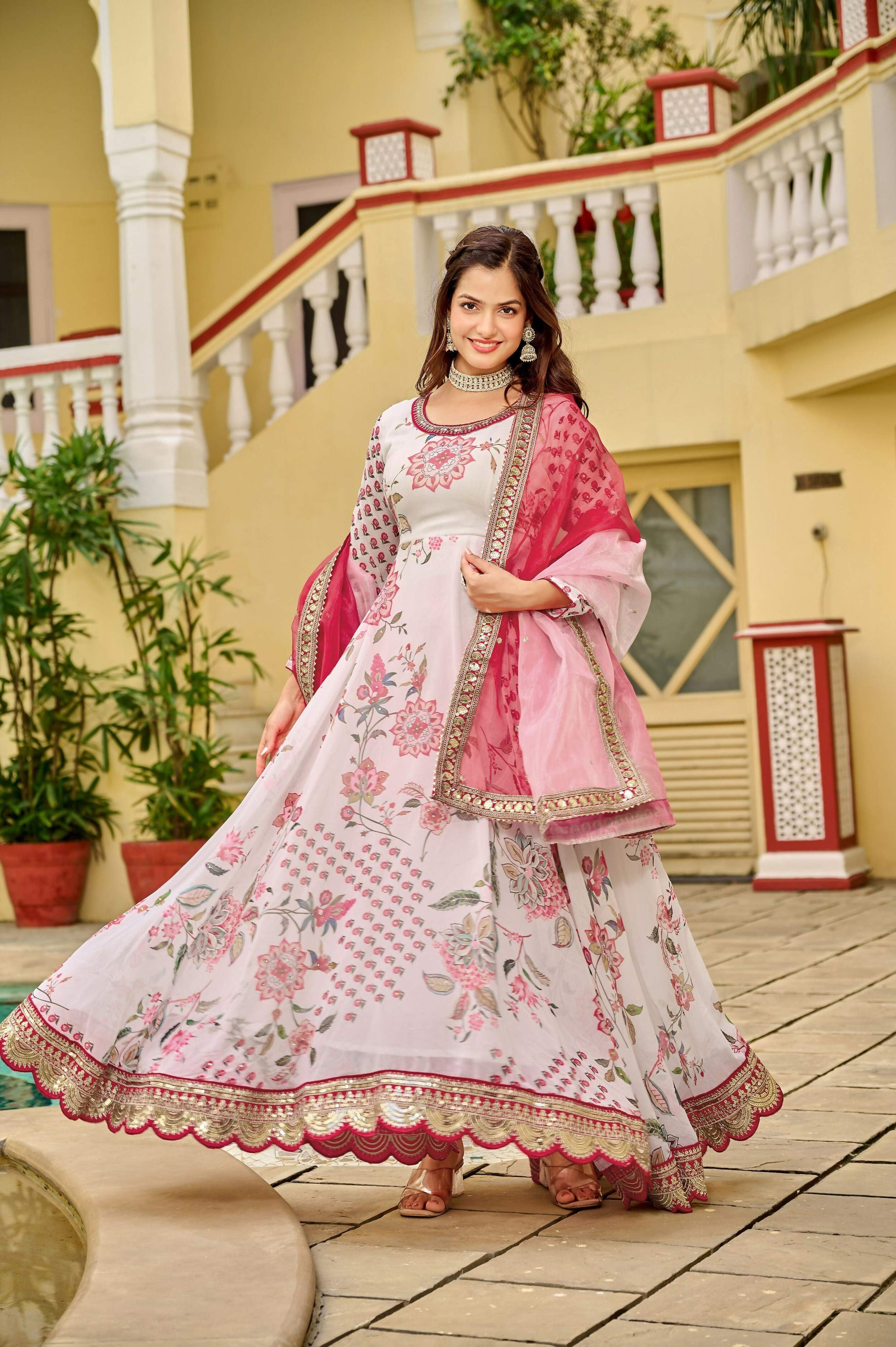 Joban Fashion Pink & White Georgette Embroidery Sequence Work Readymade Kurta Set
