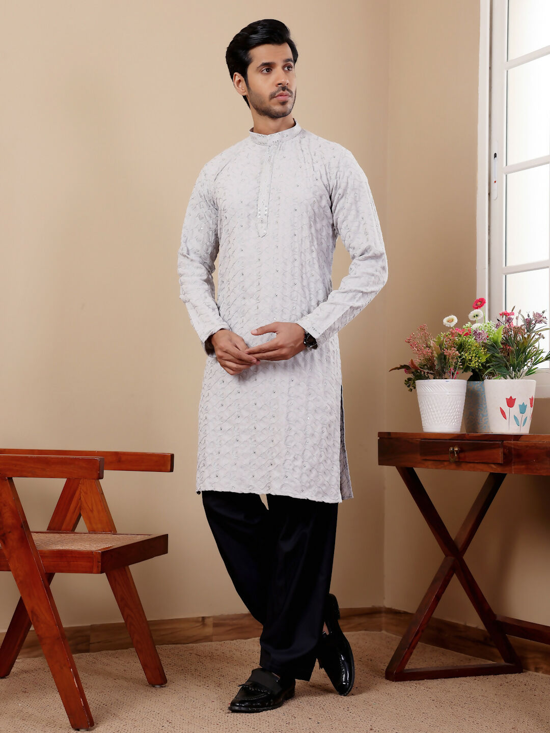 Light Blue Linen Designer Embroidery Work Men's Rajwadi Kurta Set - Mahotsav