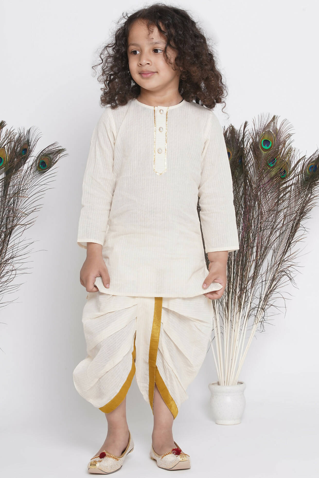 Little Bansi Banarsi Silk Orange Pink Floral Embroidery Jacket With Cotton Kantha kurta And Kantha Dhoti - Cream