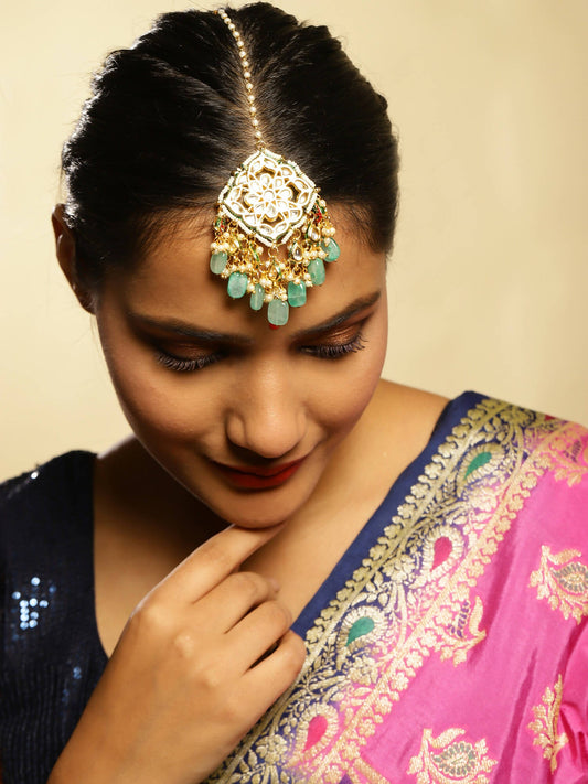 White Blue Gold-Plated Kundan-Studded Beaded Maang Tikka - Ruby Raang - Grab2buy