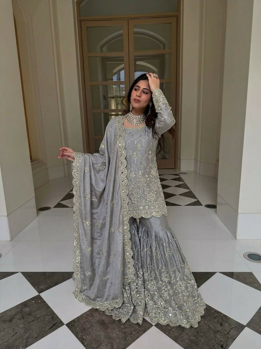 Teeya Creation New Trendy Latest Designer Embroidery Sharara Kurta Set -Grey