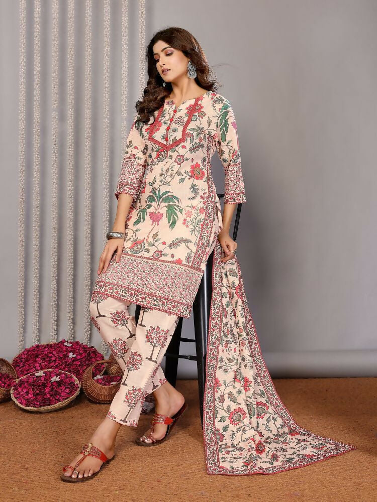 Joban Fashion Women Cream Linen Printed Stitched Kurta Set