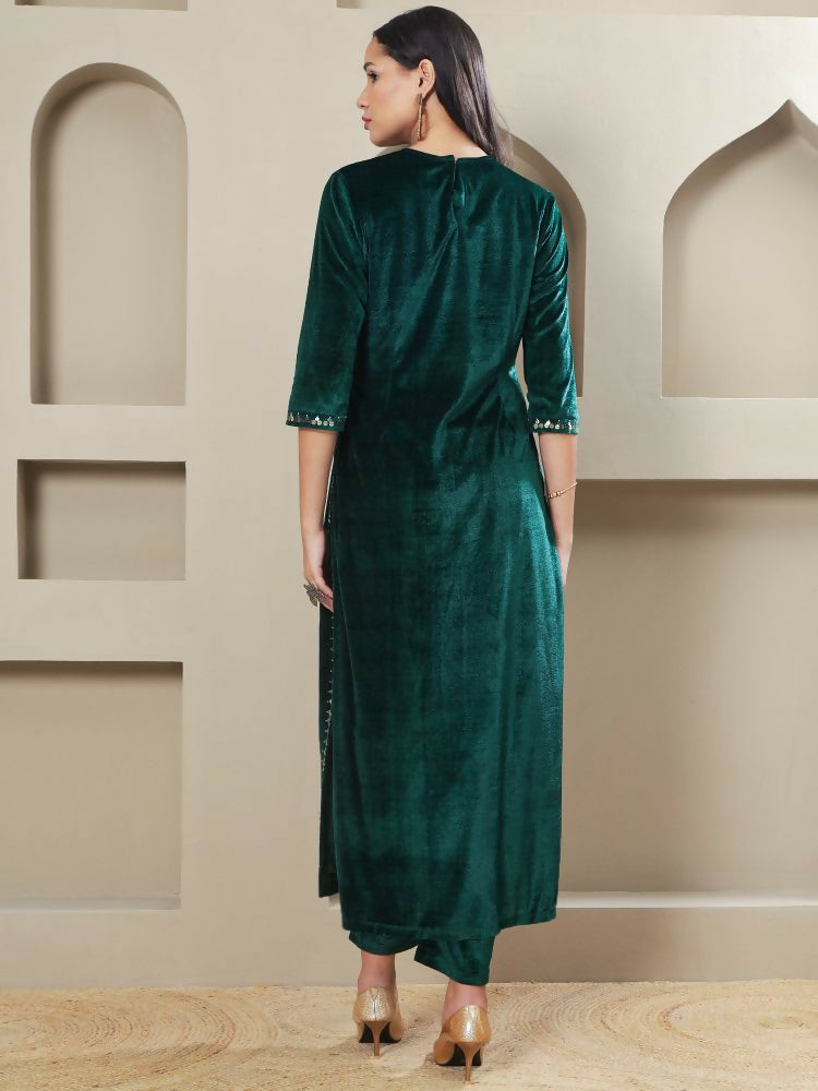 Joban Fashion Women Green Velvet Hand Embellishment Stitched Kurta Set