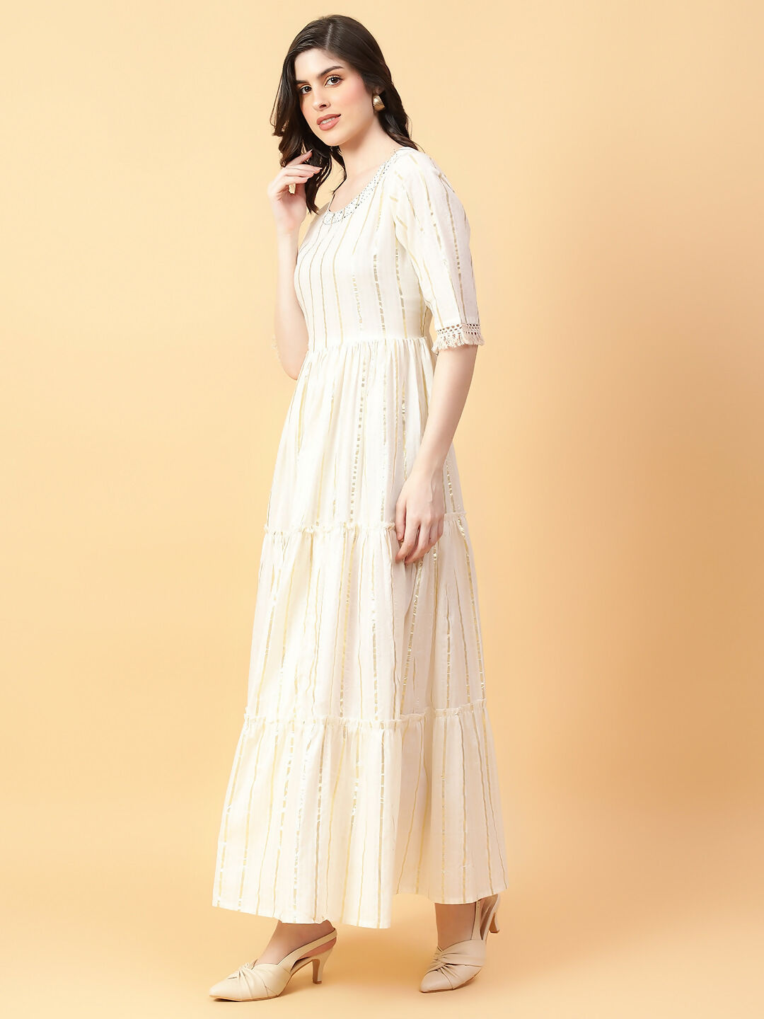Joban Fashion Cream Cotton Lurx & Hand Work Dress