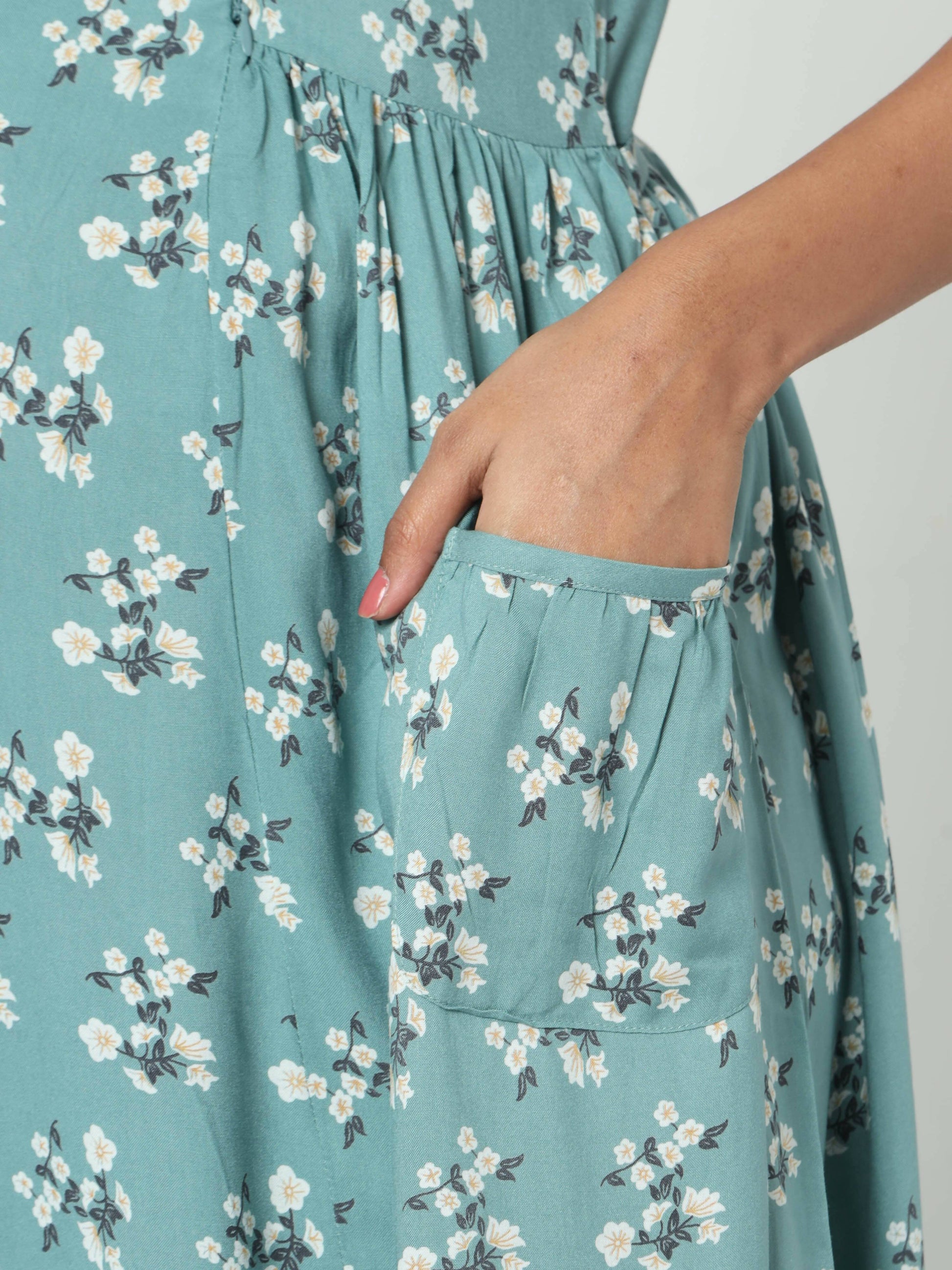 Manet Short Sleeves Maternity Dress Floral Print With Concealed Zipper Nursing Access - Green