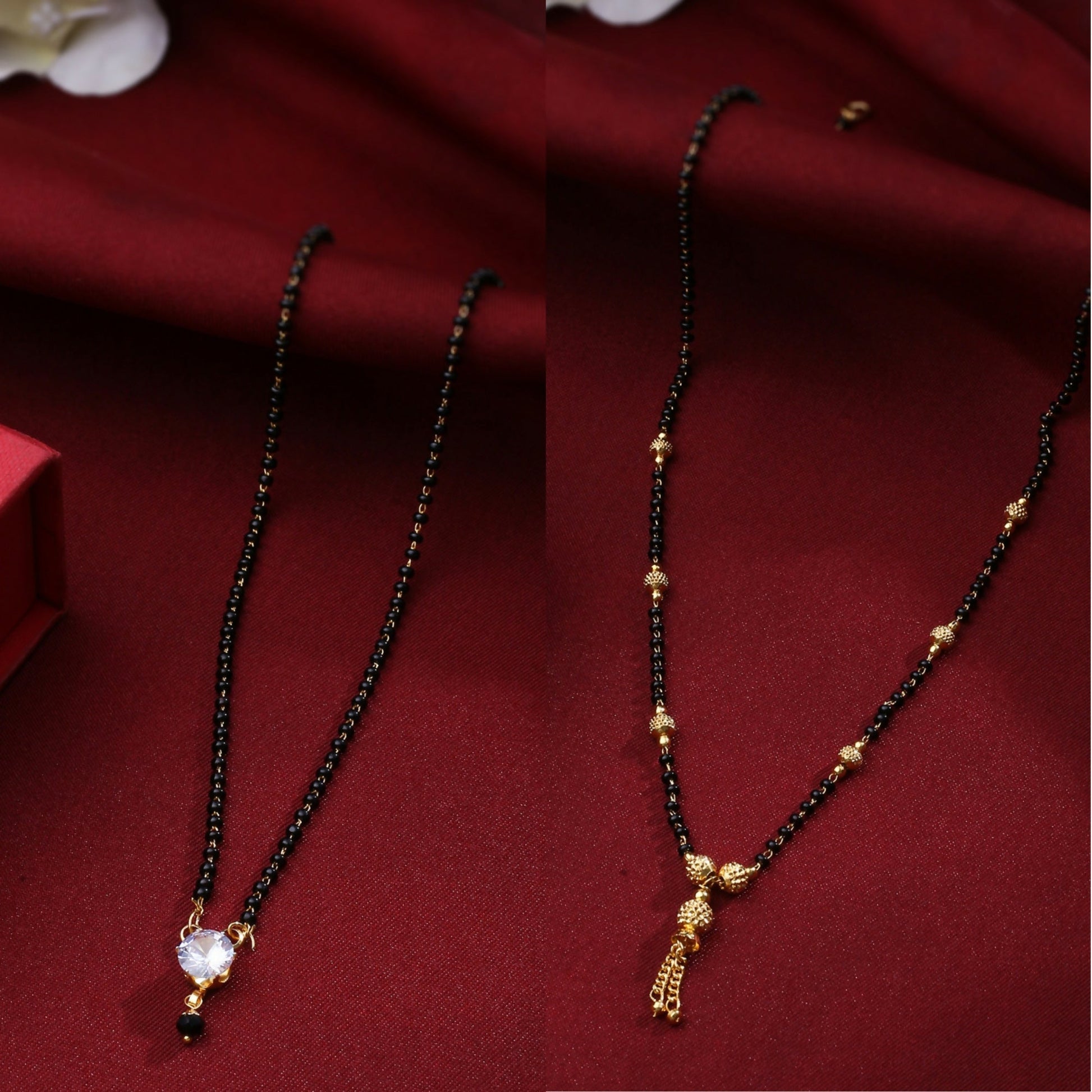 NVR Women's's Set of 2 Black Gold-Polished Beaded Mangalsutra With Ad Stone 