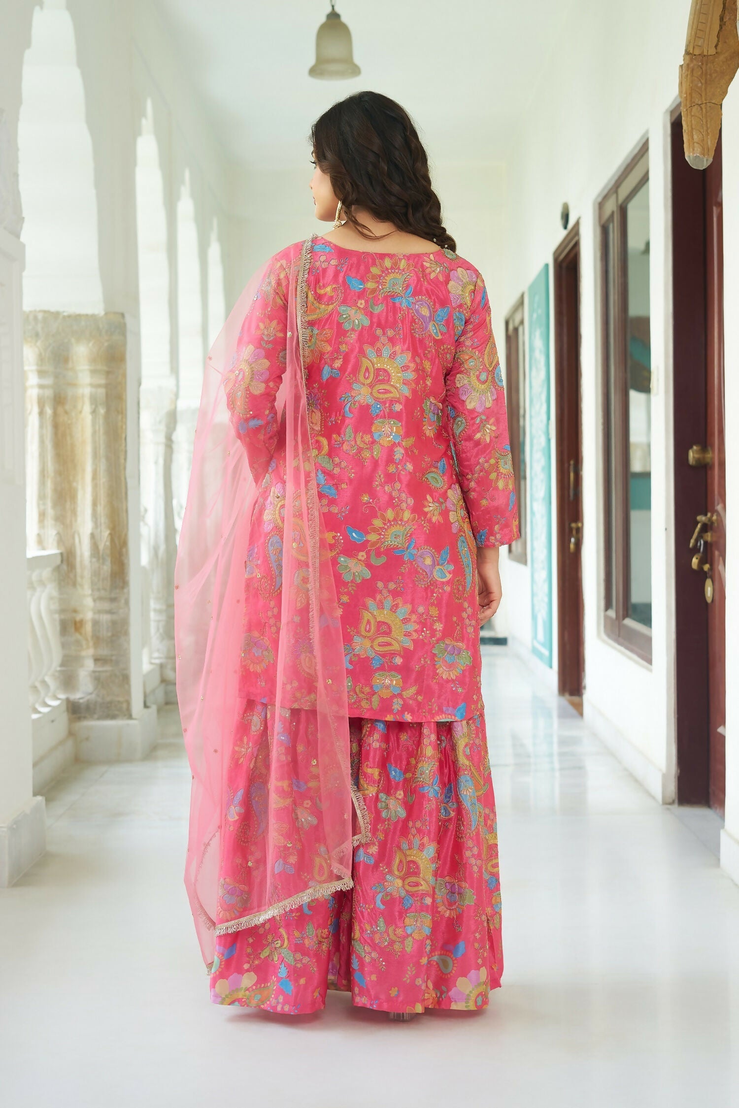 Joban Fashion Pink Chinnon Embroidery Sequence Work Readymade Kurta Set