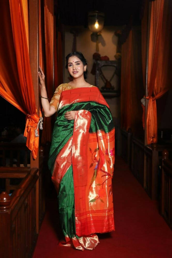 Very Much Indian Triple Muniya Border Paithani- Authentic Handloom Pure Silk With Parrots Pallu - Zari Stripes - Grab2buy