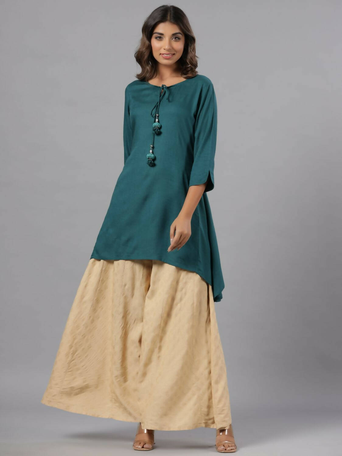 Juniper Women Teal Rayon Solid Asymmetric Kurta