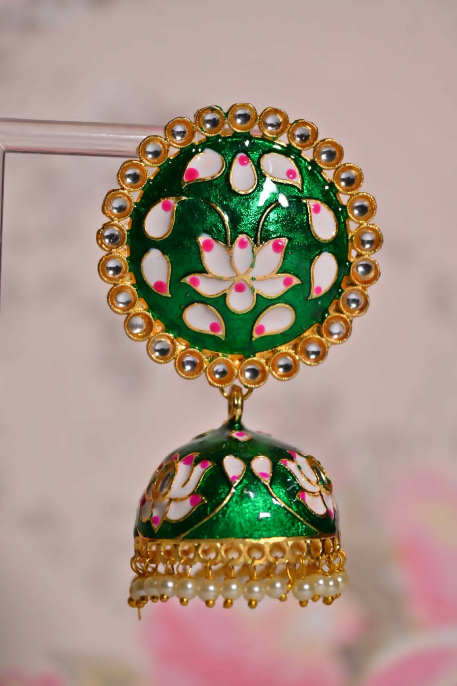 Green Round Shape Ethnic Meenakari Jhumki Earrings By House of Ree House of Ree