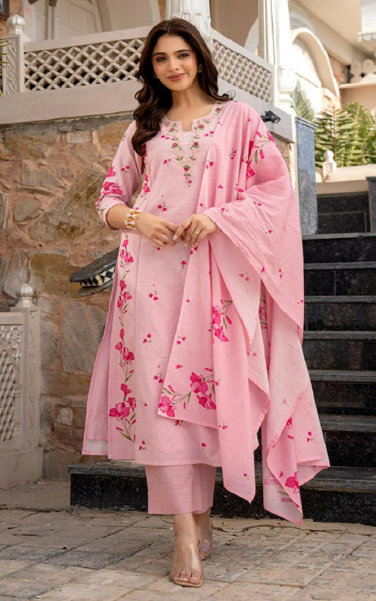 The52 Pink Women's Beautiful Chanderi Fabric Printed Work Straight Kurta Pant and Dupatta Set | Grab2Buy