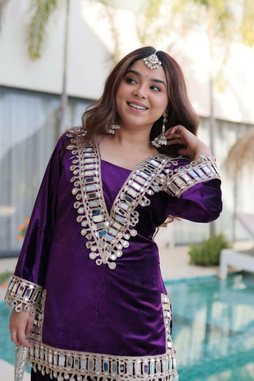 Joban Fashion Purple Kurta Set Velvet Embroidery Sequence Work