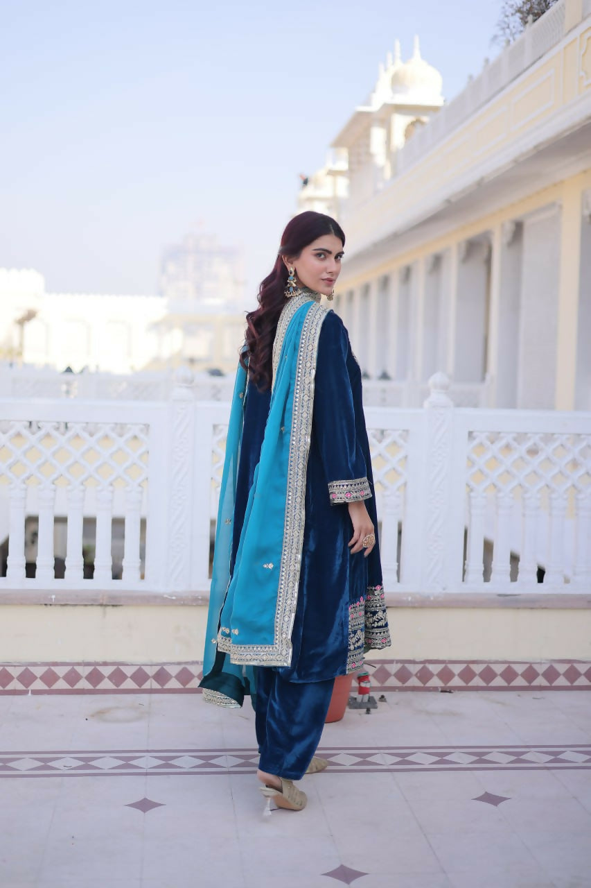 Teeya Creation Womens New Rama Velvet With Rich Zari Coding Embroidered Work Kurta Pant Dupatta Set